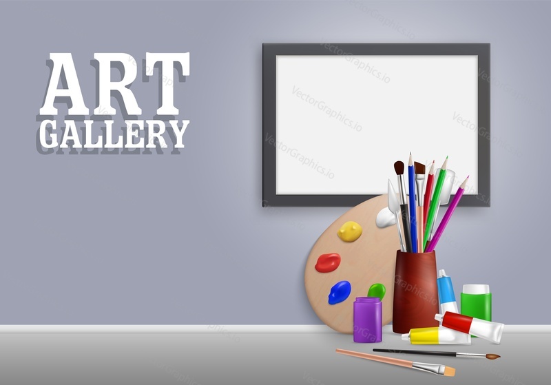 Art gallery mockup, vector illustration. Realistic blank frame with artist palette, painting tools and supplies.