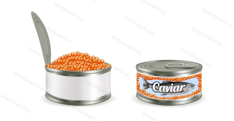 Red caviar in metal can, vector illustration isolated on white background. Salmon, trout or cod fish salted roe packaging mockup set.
