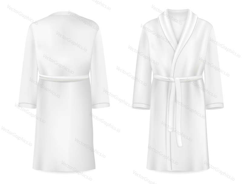 Realistic white bathrobe mockup, vector illustration isolated on white background. Soft cotton dressing gown or housecoat front and back view.