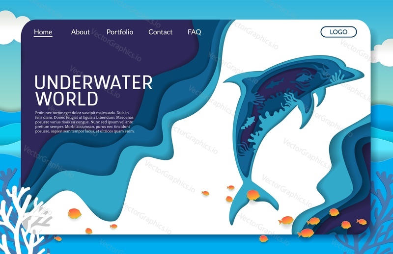 Underwater world vector website template, web page and landing page design for website and mobile site development. Marine life, deep sea exploring and discovering, layered paper cut style.