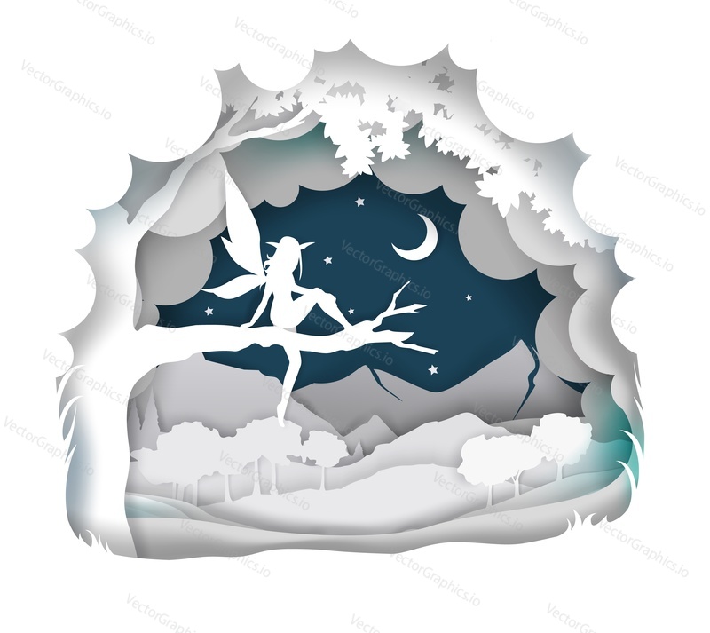 Vector layered paper cut craft style fairytale composition of cute magical fairy silhouette sitting on tree branch, night starry sky.
