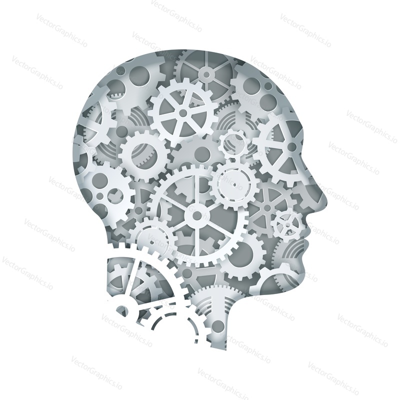 Человеческая голова с часовым механизмом с зубчатым колесом, векторная иллюстрация в современном стиле бумажного искусства. Мышление, концепция принятия решений, стиль стимпанк.
