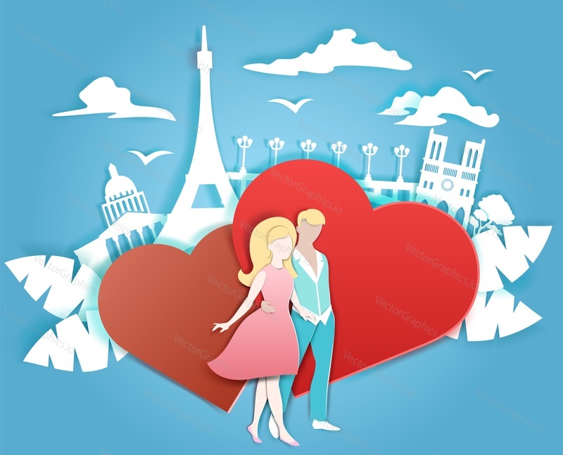 Счастливая любящая пара, два красных сердца и знаменитые и красивые достопримечательности Парижа, векторная иллюстрация в стиле бумажного искусства. Романтическая любовь, композиция для путешествия в медовый месяц для открытки, плаката, баннера и т.д.