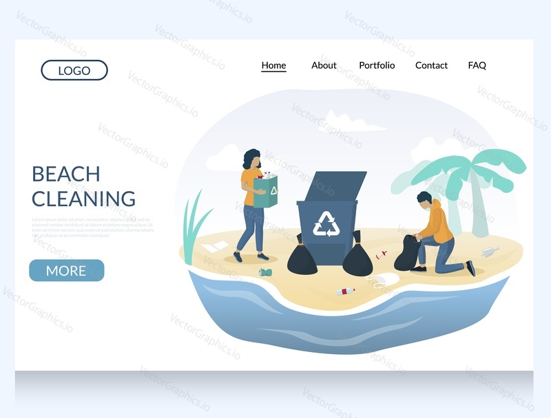 Beach cleaning vector website template, web page and landing page design for website and mobile site development. Volunteering, ecology, save environment concept.