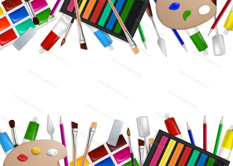 Art tools and materials frame, vector illustration. Realistic painting and drawing supplies artist palette, paintbrushes, paint tubes, knives and pencils, watercolor, copy space.