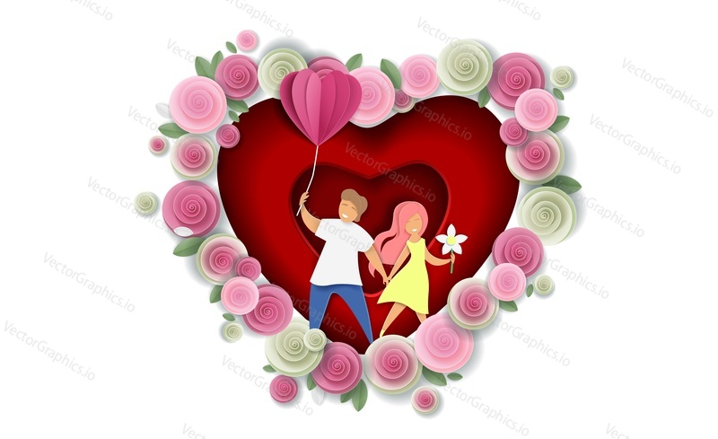 Layered paper cut heart with happy couple holding hands inside and beautiful flowers around it. Vector illustration in paper art craft style. Valentines Day greeting card template.