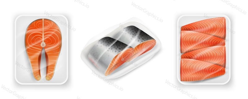 Salmon red fish steak package mockup set, vector realistic illustration isolated on white background. Fresh luxury seafood product for cooking in food plastic tray with transparent polypropylene wrap.