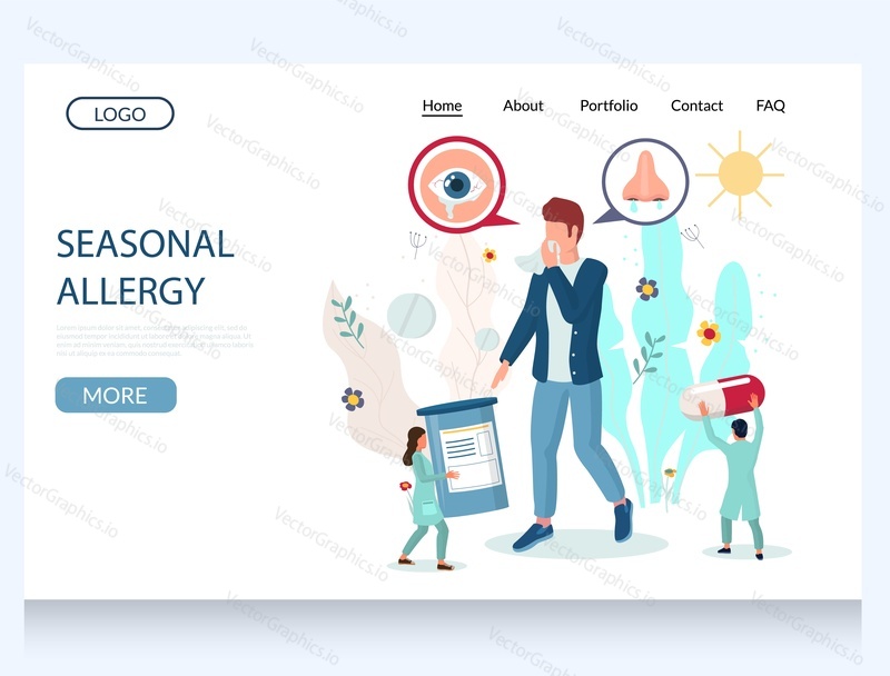 Seasonal allergy vector website template, web page and landing page design for website and mobile site development. Man suffering from sneezing, runny nose, watery eyes. Allergy symptoms and treatment