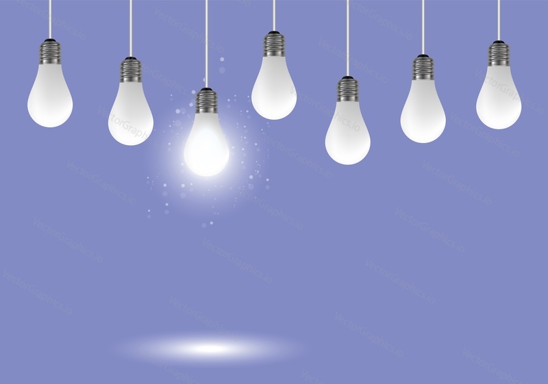 Realistic hanging light bulbs, vector illustration. Innovation, creative thinking concept with copy space for poster, banner etc.