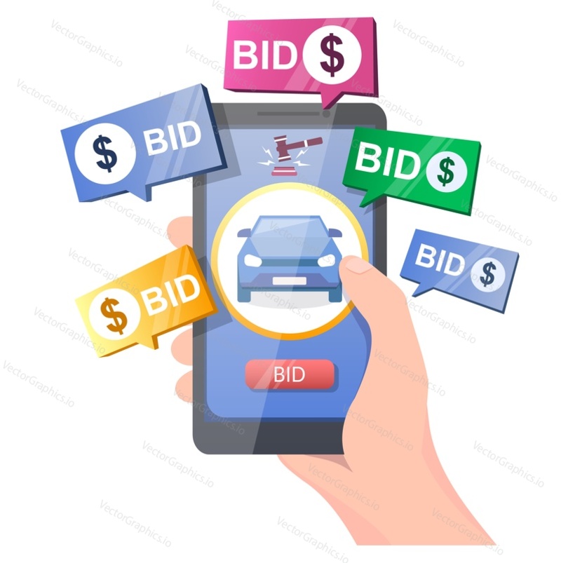 Car auction online, vector illustration. Hand holding smartphone with car, gavel and bid button on screen. Auction and mobile bidding concept for web banner, website page etc.
