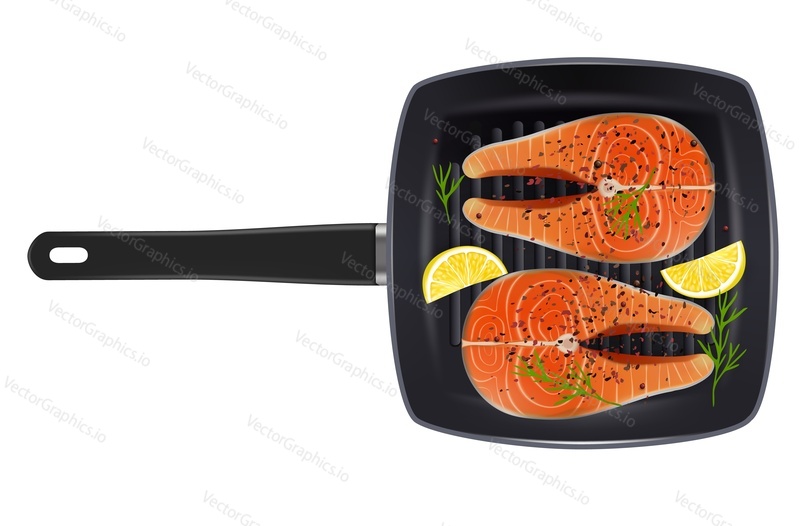 Grill pan with salmon fish steaks, lemon slices, pepper and rosemary spicy herb, vector illustration isolated on white background. Grilled seafood for restaurant, cafe menu etc.