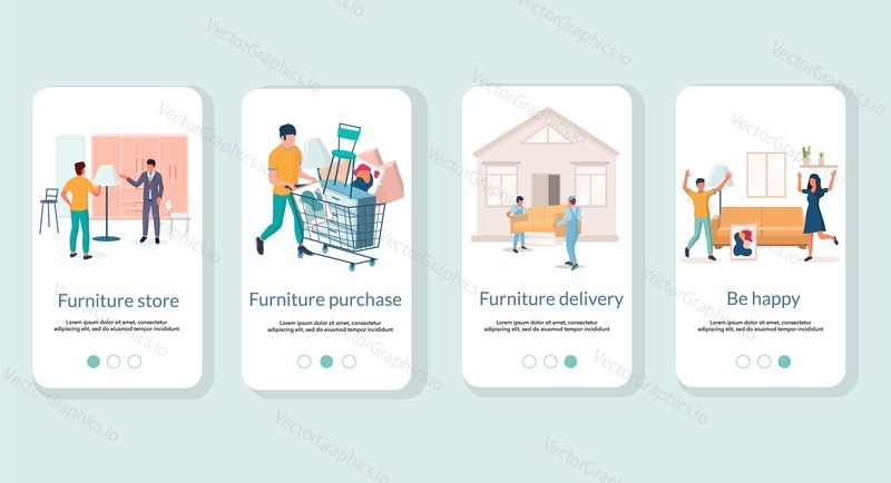 Furniture store mobile app onboarding screens. Menu banner vector template for website and application development. Furniture purchase and delivery.