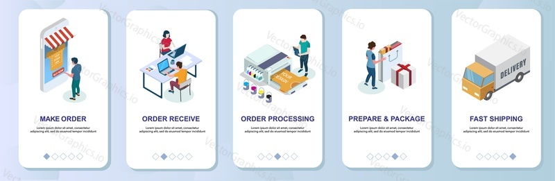 Custom t-shirt printing online services mobile app onboarding screens. Menu banner vector template for website and application development. Order making receiving and processing, boxing and delivery.