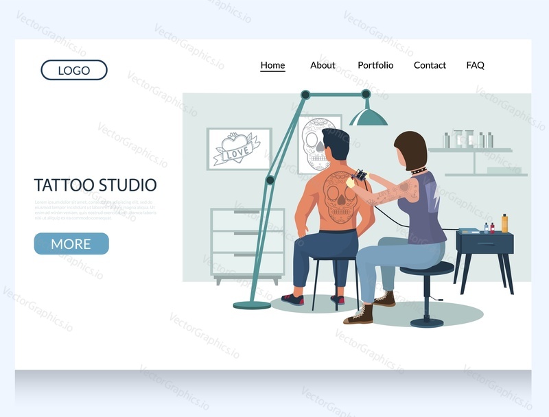 Tattoo studio vector website template, web page and landing page design for website and mobile site development. Man getting tattoo on his back. Tattooing art concept.