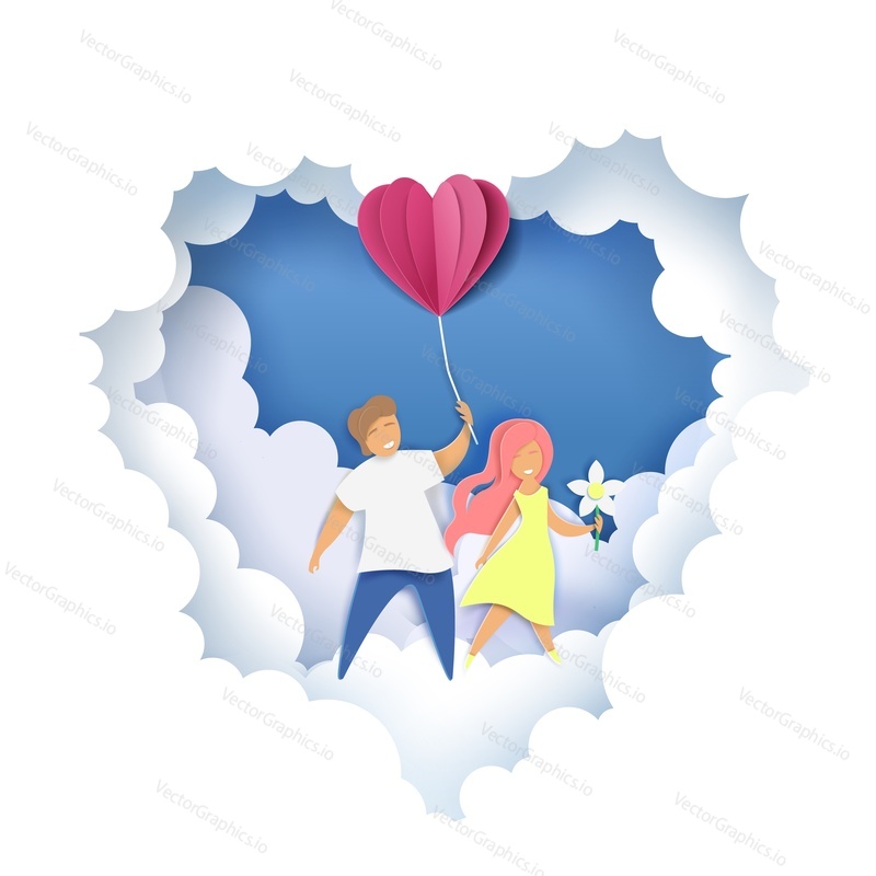 Layered paper cut style heart with fluffy clouds and happy couple inside, vector illustration in paper art craft style. Romantic couple composition for Valentines Day greeting card, postcard, poster.