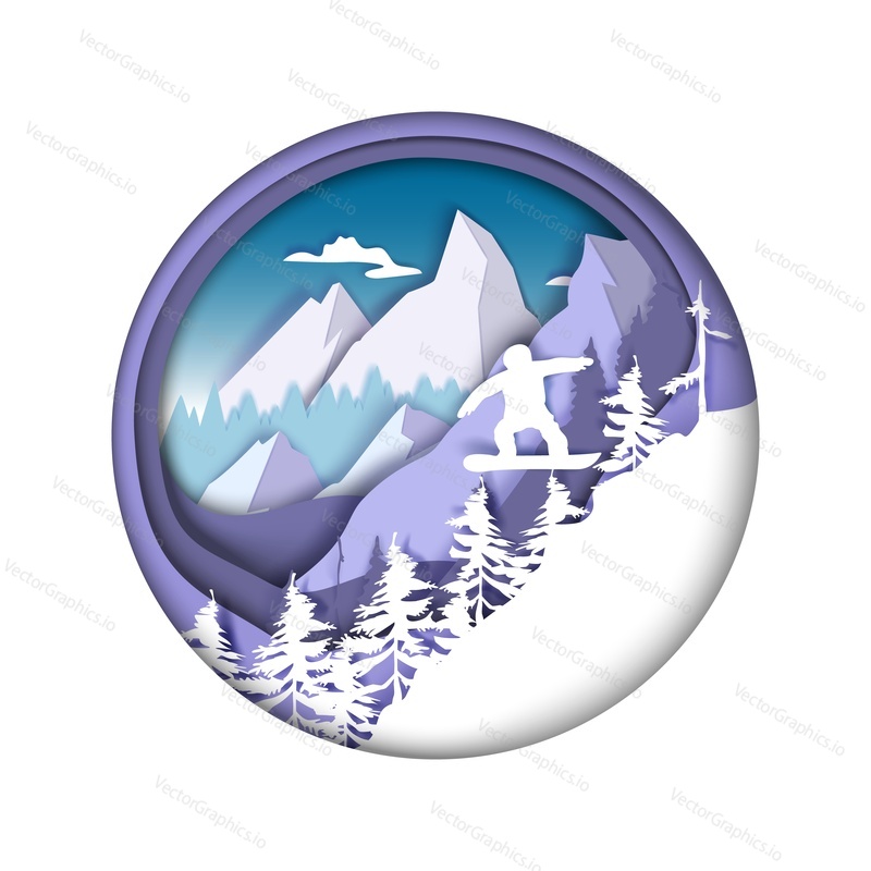Vector layered paper cut craft style snowboarder silhouette running down the slope performing snowboard tricks. Extreme winter sports and recreational activities, snowboarding.