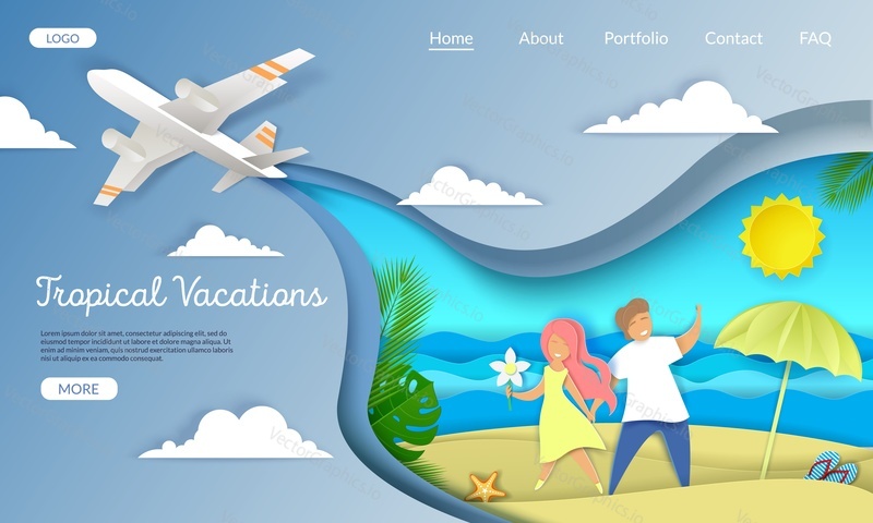 Tropical vacations vector website template, web page and landing page design for website and mobile site development. Loving couple romantic honeymoon, summer beach holidays, layered paper cut style.