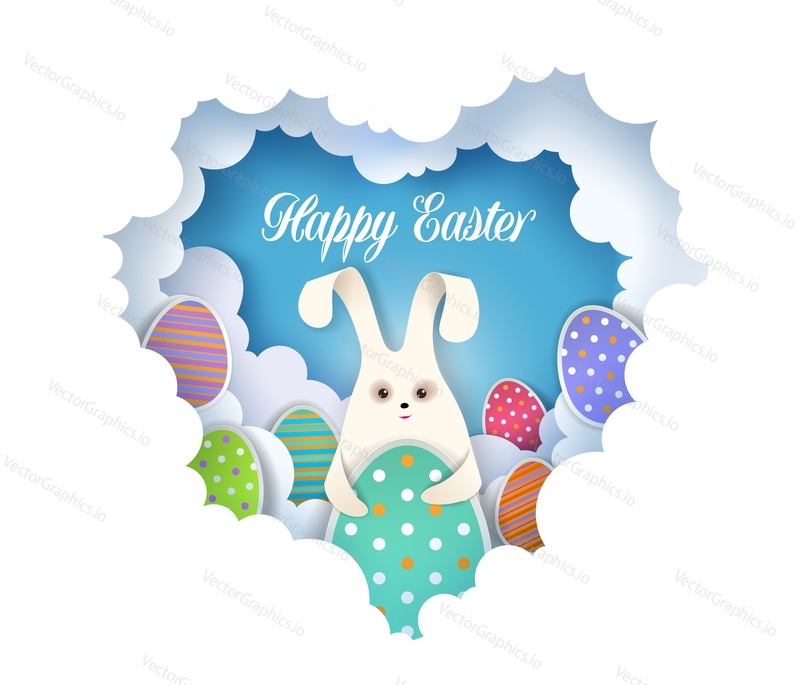 Happy Easter greeting card template. Vector layered paper cut style heart with cute rabbit and Easter eggs.