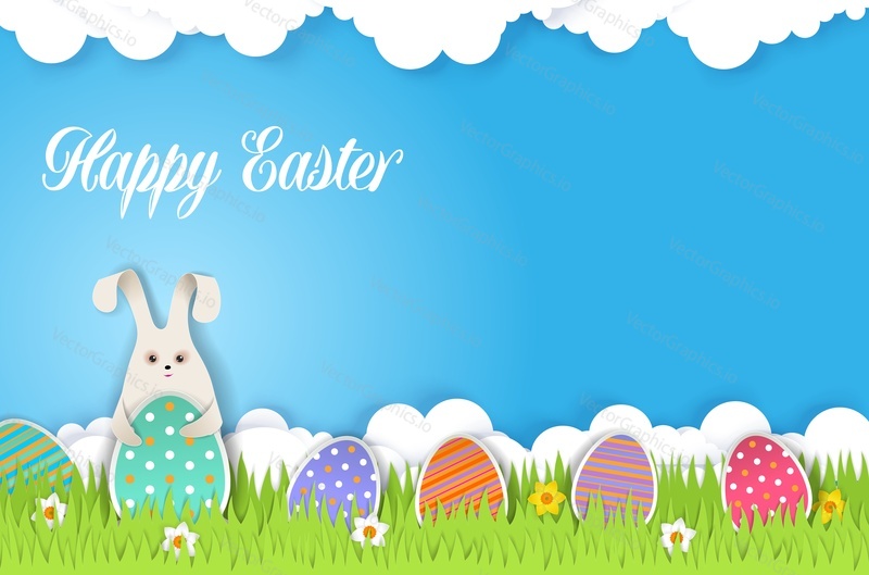 Happy Easter poster banner template, vector illustration in paper cut style. Cute rabbit sitting in grass and Easter eggs.