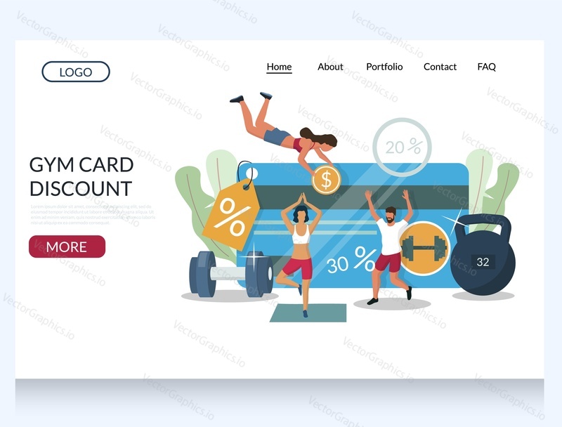 Gym card discount vector website template, web page and landing page design for website and mobile site development. Bodybuilding and fitness sport club special offers and promotions.