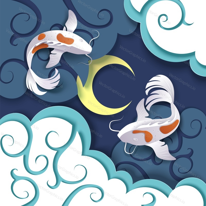 Cute dreaming catfish couple, vector illustration in paper art modern craft style. Beautiful fantasy composition for card etc.