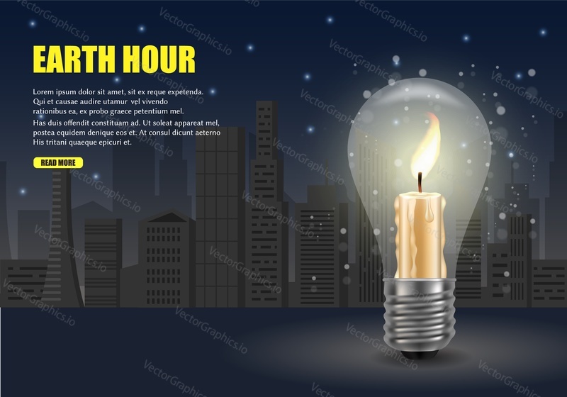 Earth hour web banner vector template. Burning candle inside of light bulb on night city background. Earth Hour worldwide energy saving annual environmental campaign.