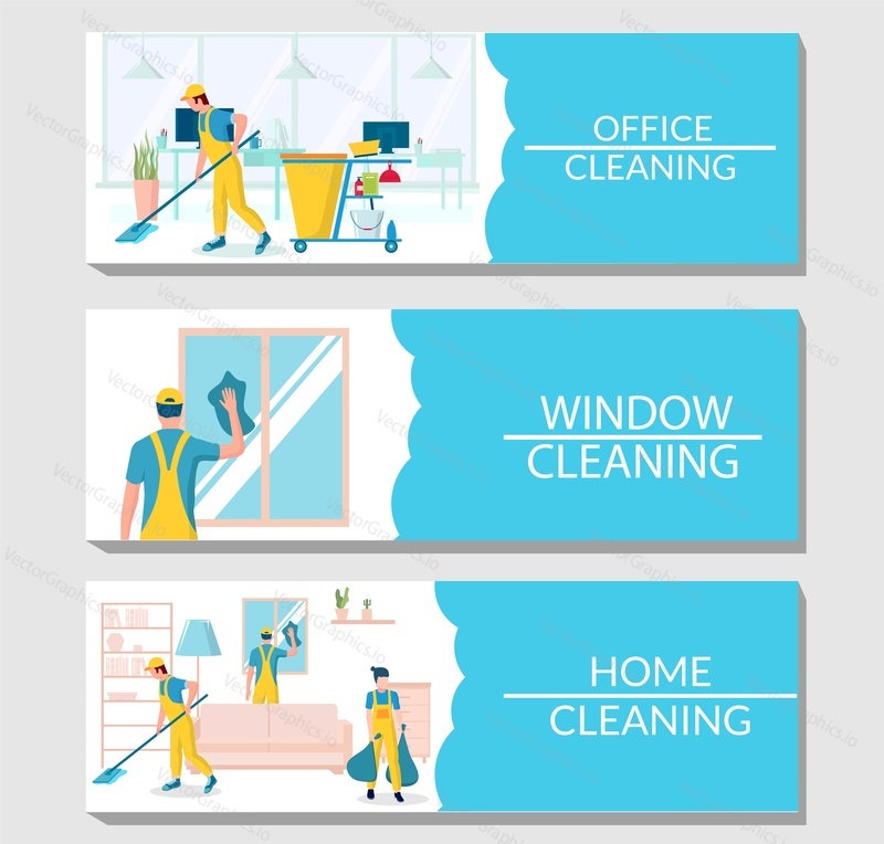 Набор шаблонов векторных баннеров клининговых услуг. Профессиональная уборка дома и офиса, концепция мытья окон с персонажами.