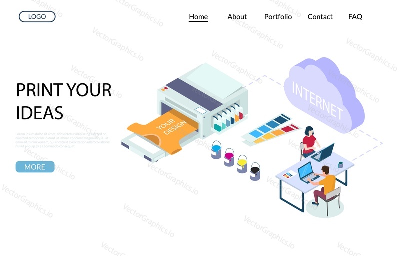 Print shop services vector website template, web page and landing page design for website and mobile site development. Polygraphy online concept with isometric characters and printing equipment.