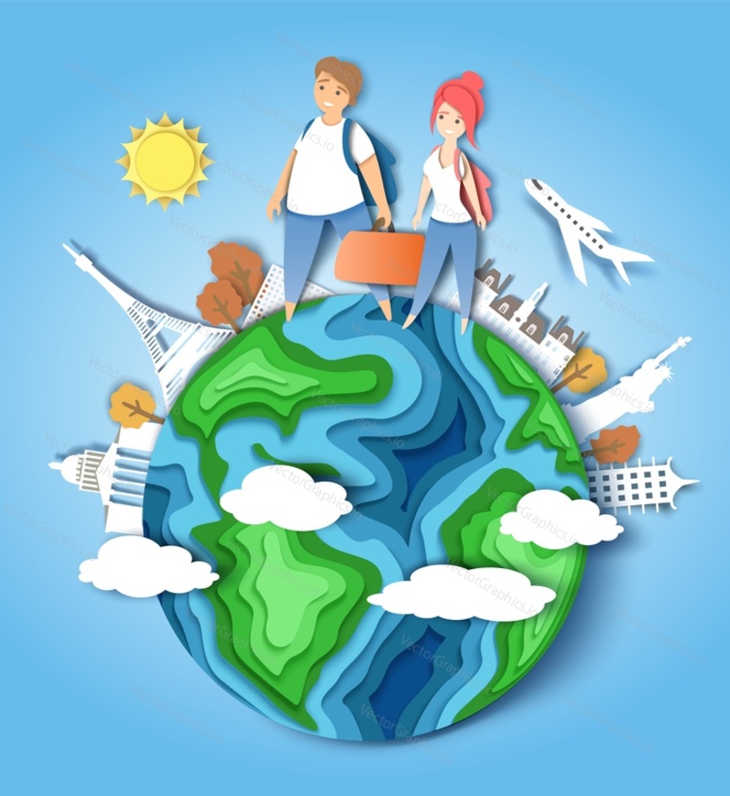 Vector layered paper cut style globe, couple in love with suitcase and backpacks, world famous landmarks. Travel around the world composition for poster, banner etc.