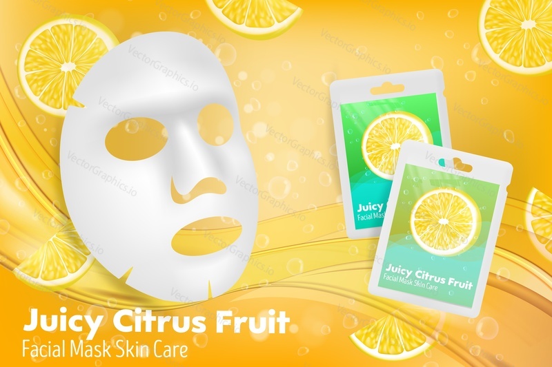 Citrus sheet mask ad, vector illustration. Realistic composition of facial sheet mask with packaging sachets, lemon slices. Cosmetic beauty skin care product purifying face mask brand poster template.