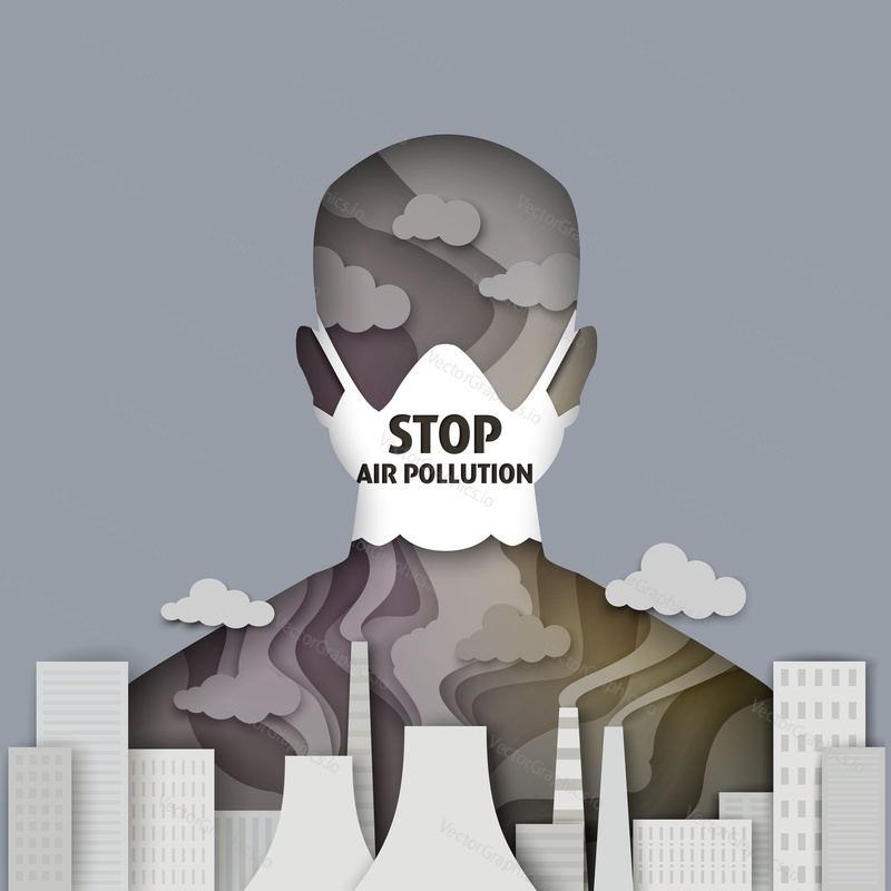 Vector layered paper cut style man silhouette in face mask, city buildings and industrial plant with smoking pipes. Stop air pollution, save environment, ecology concept.