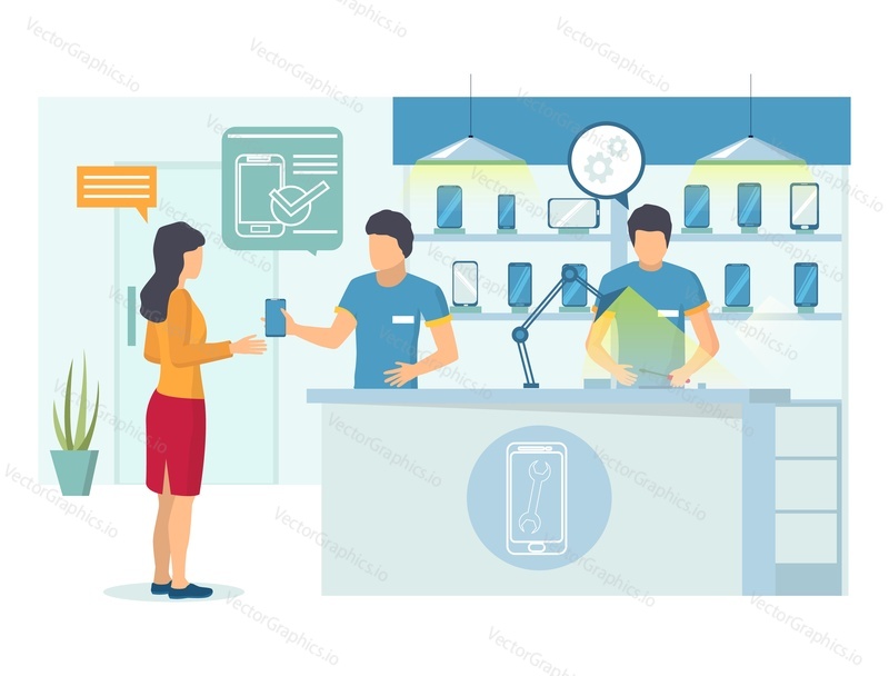 Mobile service center, vector flat illustration. Phone and electronics repair shop concept with characters for poster, web banner, website page etc.