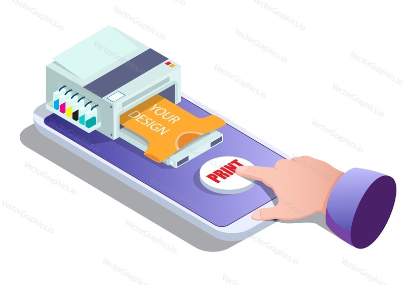 Print on demand vector concept illustration. Isometric finger tapping print button on smartphone touchscreen. Custom t-shirt printing online.