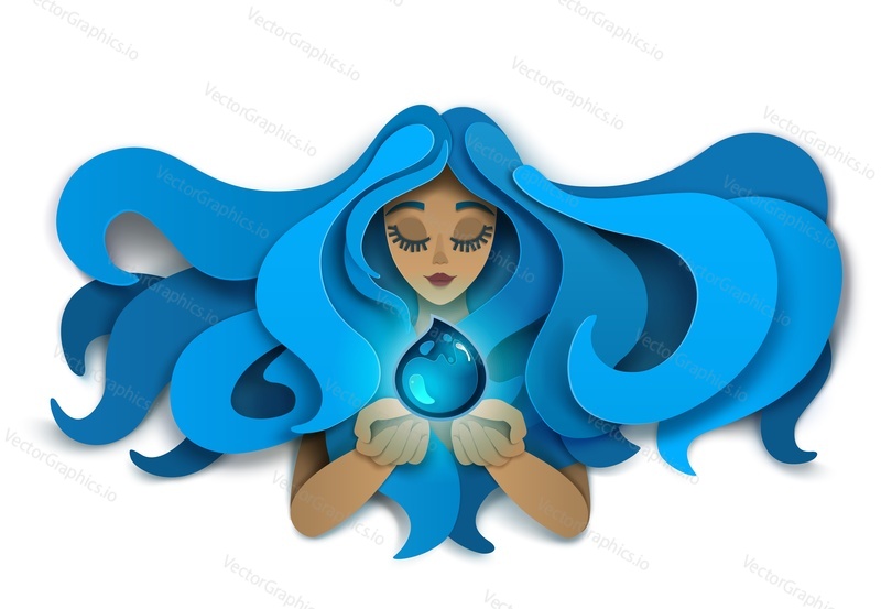 Save water concept vector illustration. Layered paper cut style beautiful girl with blue long wavy hair holding clean water drop in hand palms. World Water Day composition.