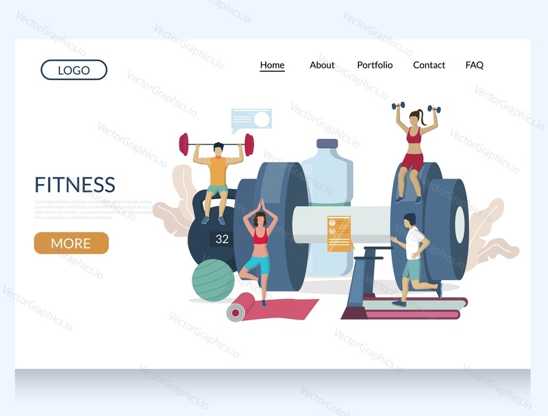 Fitness vector website template, web page and landing page design for website and mobile site development. Active healthy lifestyle, gym equipment, weight exercises.