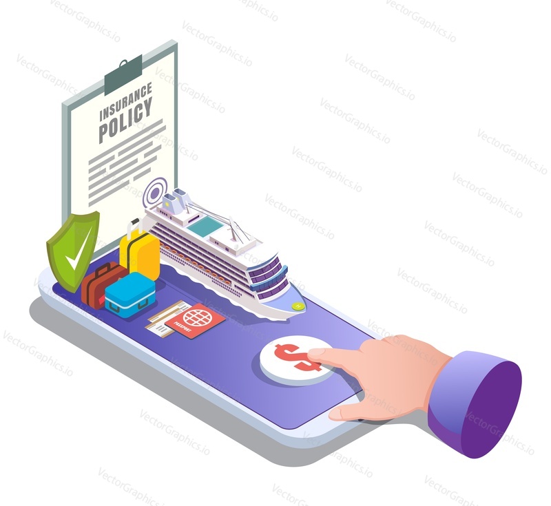 Travel insurance online, vector illustration. Smartphone with insurance policy, shield, suitcases, passenger liner, finger tapping buy button. Isometric composition for poster, banner, website page.