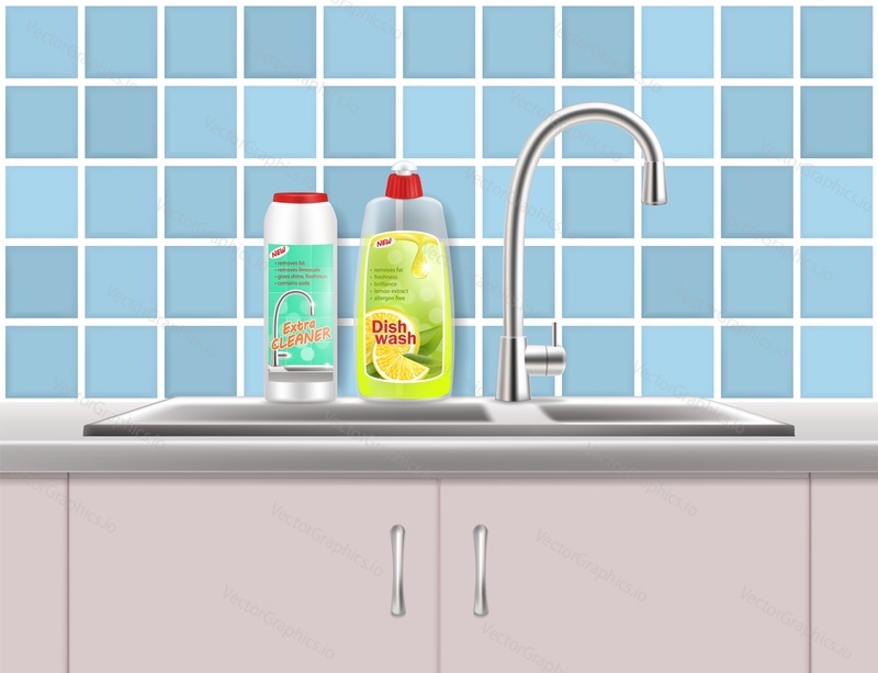 Kitchen sink and dishwashing liquid, cleaning powder plastic bottles, vector realistic illustration. Lemon fresh dish detergent, household cleaning products advertising poster template.