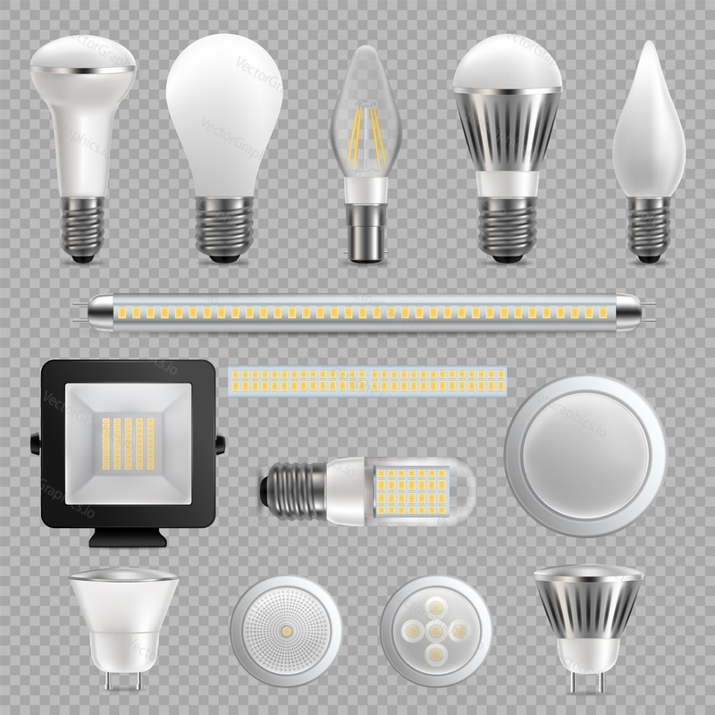 Led light bulb set, vector illustration isolated on transparent background. Floodlight and high bay fixtures, tube light, household lamps etc. Energy saving lamps.