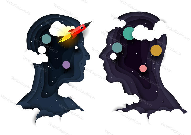 Human head silhouettes with clouds, planets and rocket inside. Vector illustration in paper art style. Brain power boost concept for web banner, website page, poster, etc.