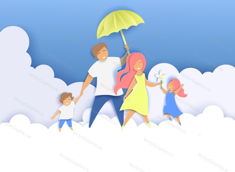 Happy family with two kids walking along fluffy clouds with umbrella, vector illustration in paper art craft style. Creative composition for International Day of Families greeting card, poster etc.