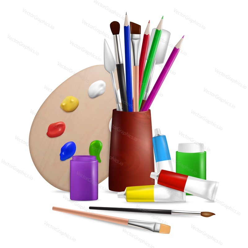 Artist palette with tools for painting, vector illustration. Realistic brushes, paint tubes, knives and pencils on white background. Art supplies composition for poster, banner, card etc.