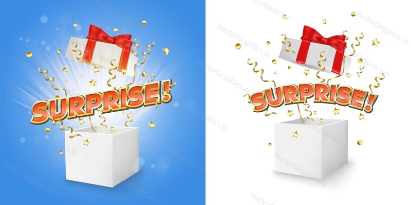 White open box with Surprise word, gold serpentine and confetti explosion, vector isolated illustration. Surprise gift box for banner, poster etc.