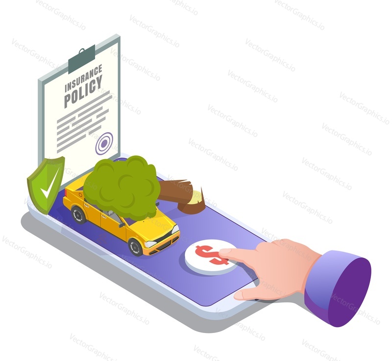 Car insurance online, vector illustration. Smartphone with auto insurance policy, shield, car damaged by fallen tree, finger tapping buy button. Isometric composition for poster, banner, website page.