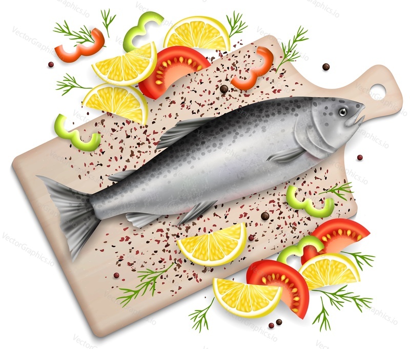 Salmon fish on wood cutting board with lemon and tomato slices and spicy herb, vector realistic top view illustration. Fresh organic seafood composition for restaurant menu, recipe book, website page.