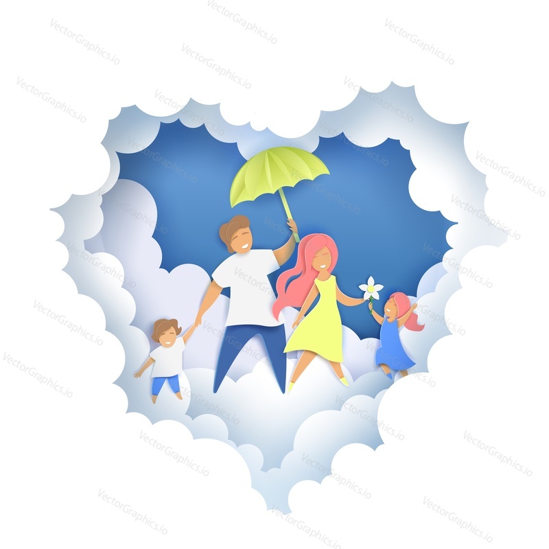 Layered paper cut style heart with happy family father, mother with their son and daughter walking along fluffy clouds with umbrella, vector illustration in paper art craft style.