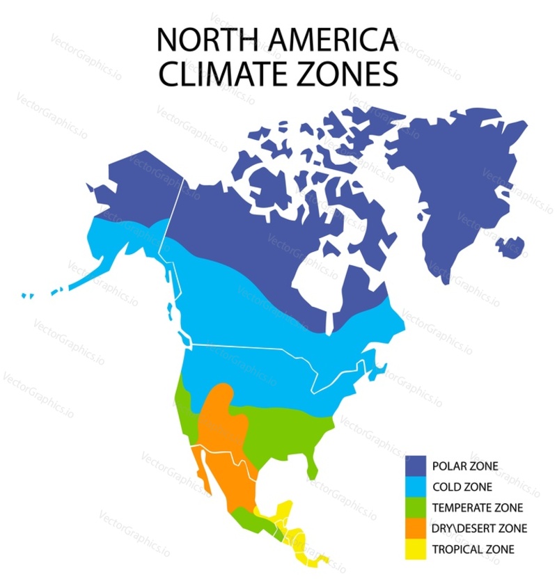 North America climate zones, vector geographic infographics. Climatic regions of North America continent, geography science.