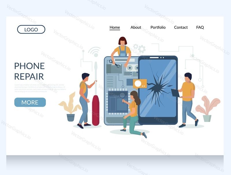 Phone repair vector website template, web page and landing page design for website and mobile site development. Expert technicians fixing broken phone screen.