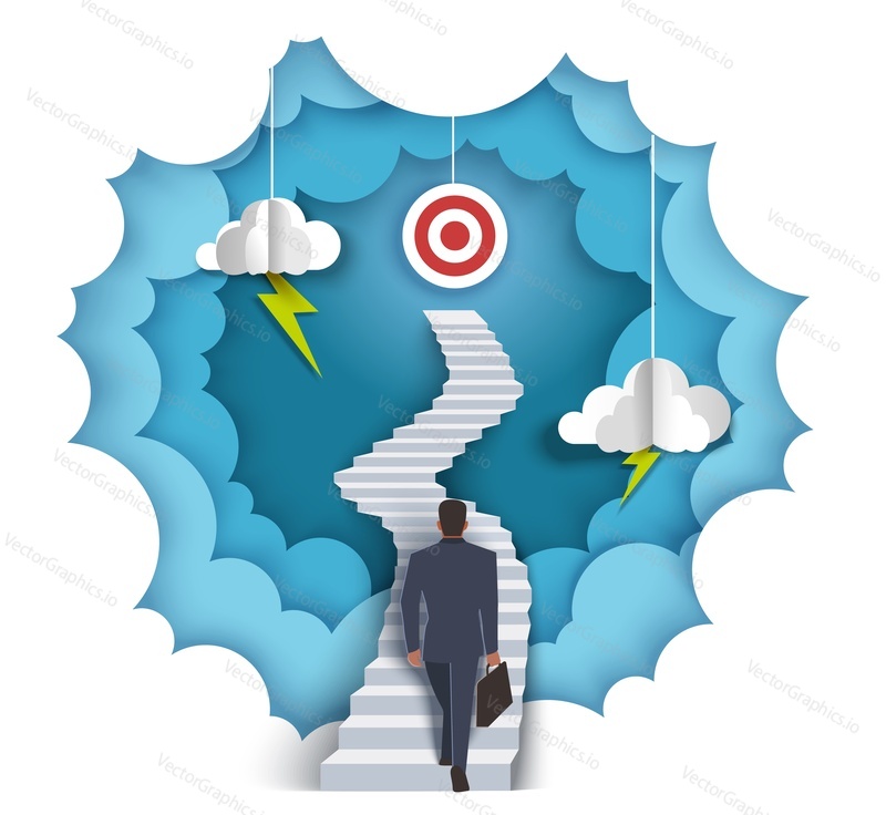 Businessman walking up stairway to target, vector layered paper cut style illustration. Path to success, business journey, successful goal achievement, career advancement, challenge concept.