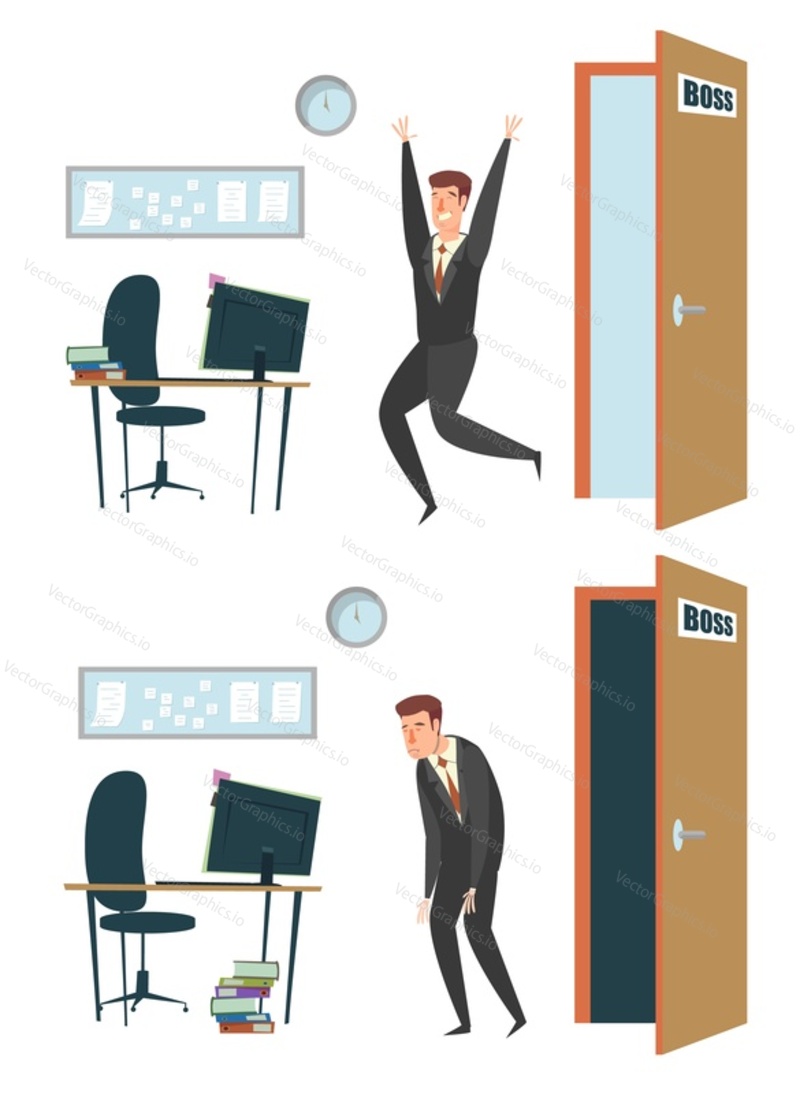 Two employees, happy and sad male cartoon characters leaving boss office, vector flat style design illustration. Different emotions, office situations, career and salary growth, failure, dismissal etc