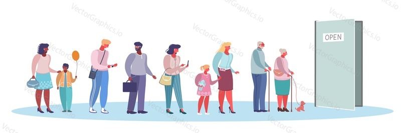 Queue in the doorway, vector flat style design illustration. Young, senior people, kids with mothers waiting in line.